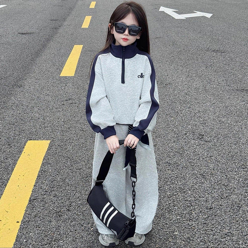 Girls' casual patchwork sweatshirt set -  spring/autumn new style, stylish two-piece activewear outfit for mid-to-large children