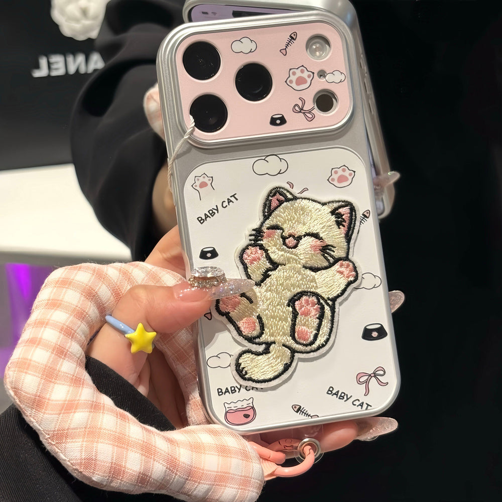 Suitable for iphone18 embroidered cat mobile phone case apple 17promax pink lens cute 16 anti-fall protective case