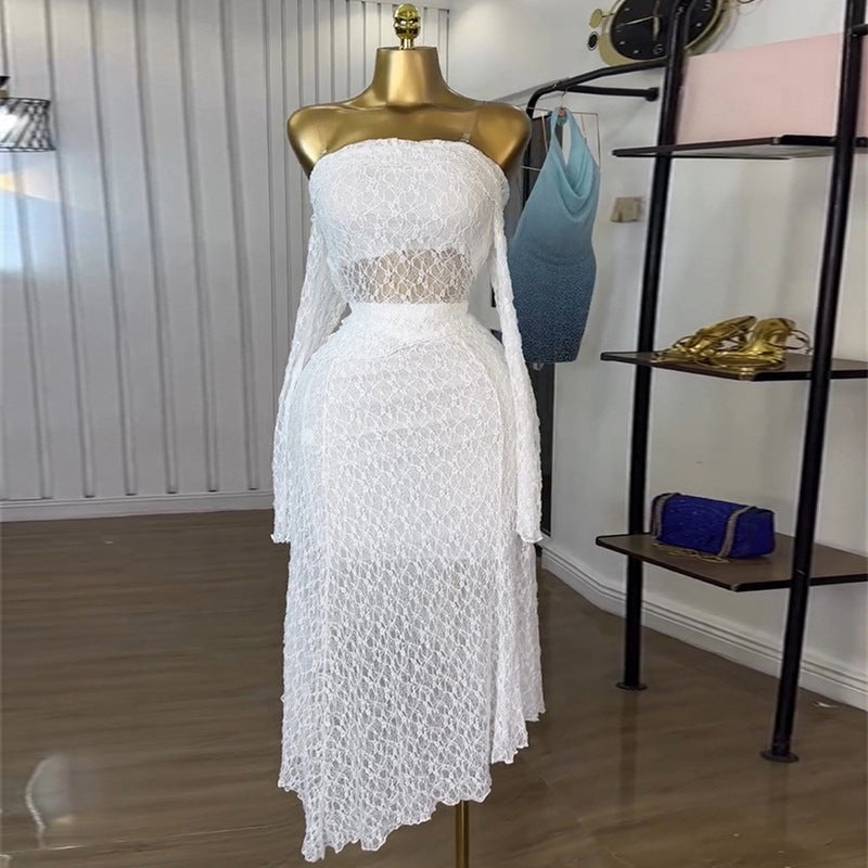 European and american cross-border women's fashion  autumn new arrival: elegant one-shoulder long sleeve hollow-out lace top and midi skirt set