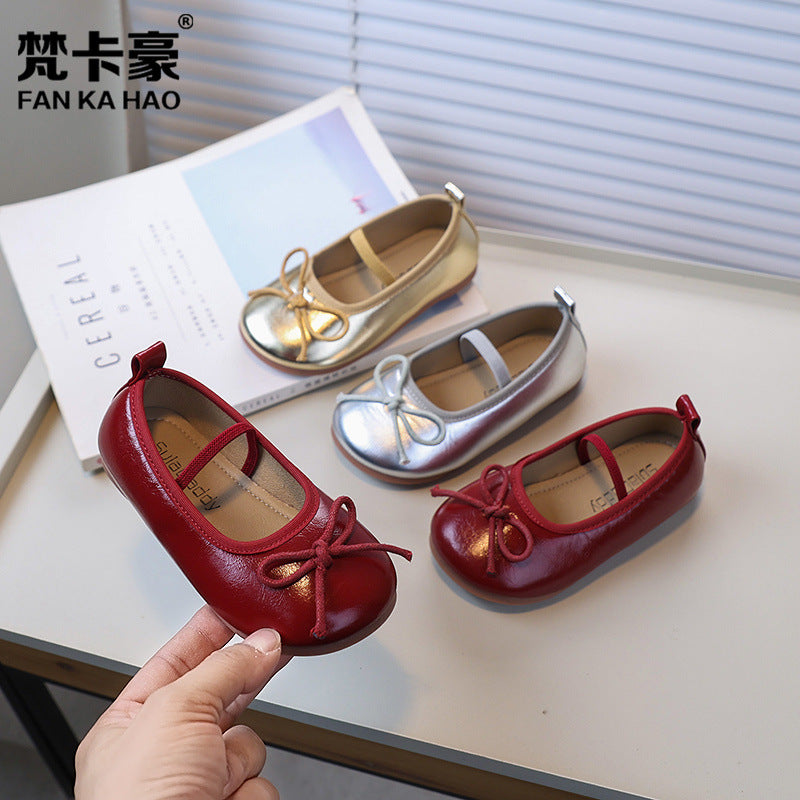 Vancahao girls' bowknot princess shoes, new spring/autumn  collection, kids' mary jane leather shoes, soft sole dance shoes