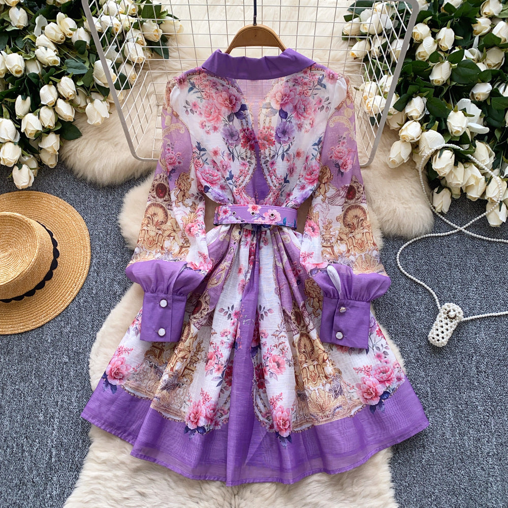 French spring dress women's  new retro suit collar long sleeve waist single breasted printing a line skirt