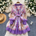 French spring dress women's  new retro suit collar long sleeve waist single breasted printing a line skirt