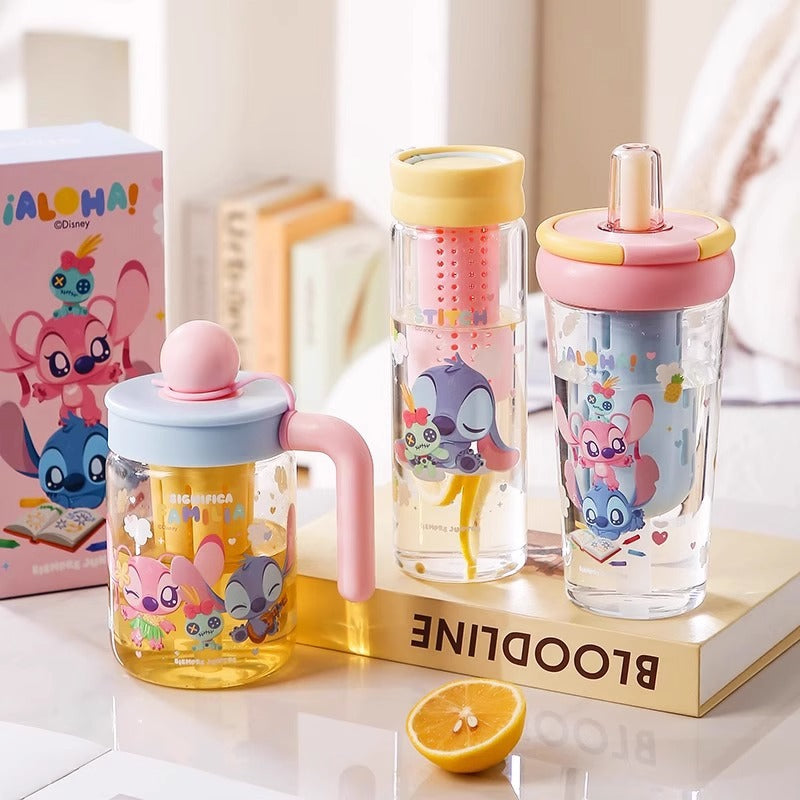 Stitch Glass Girls Large Capacity Cold Drink Fruit Teacup Stitch Drinking Tea Cup Independent Tea Warehouse with Straw