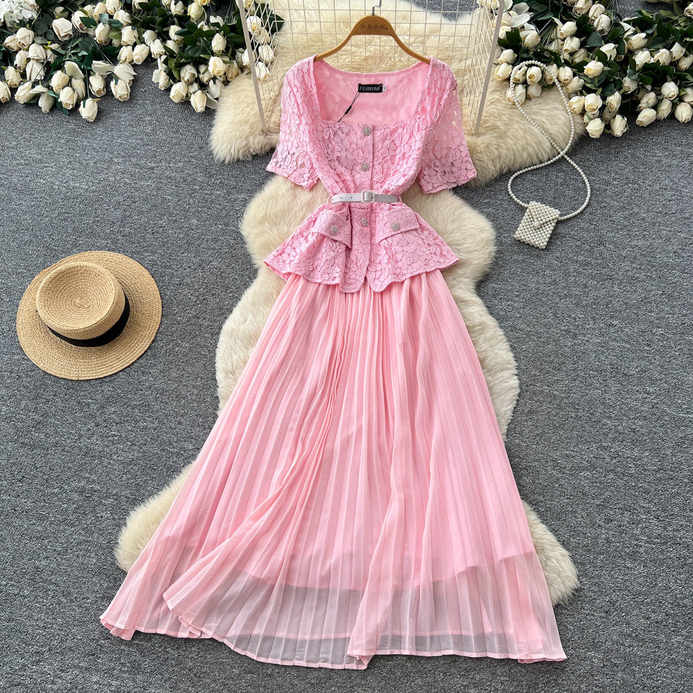 Xiaoxiangfeng pink socialite style lacedress female summerk-stylev neck waist pleated long skirt eleganceslimming look