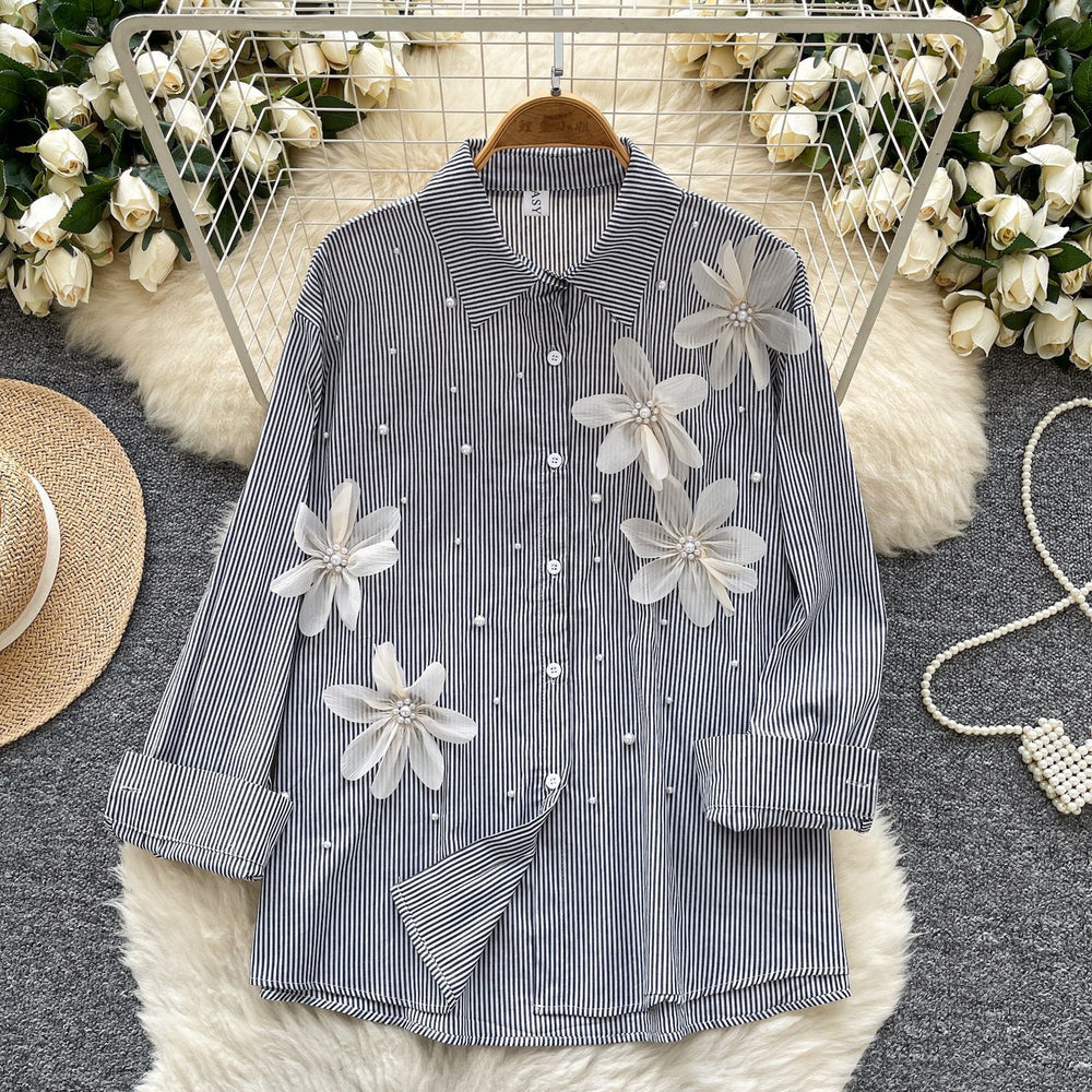 European and american style striped long-sleeve shirt for women - summer, 3d floral appliqué, diamond embellished, loose fit, mature & chic, boss lady top