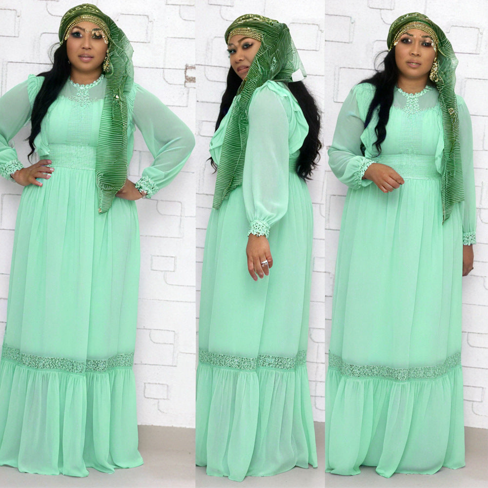 supply of african plus size women's long skirt  patchwork chiffon dress headscarf * three-piece set