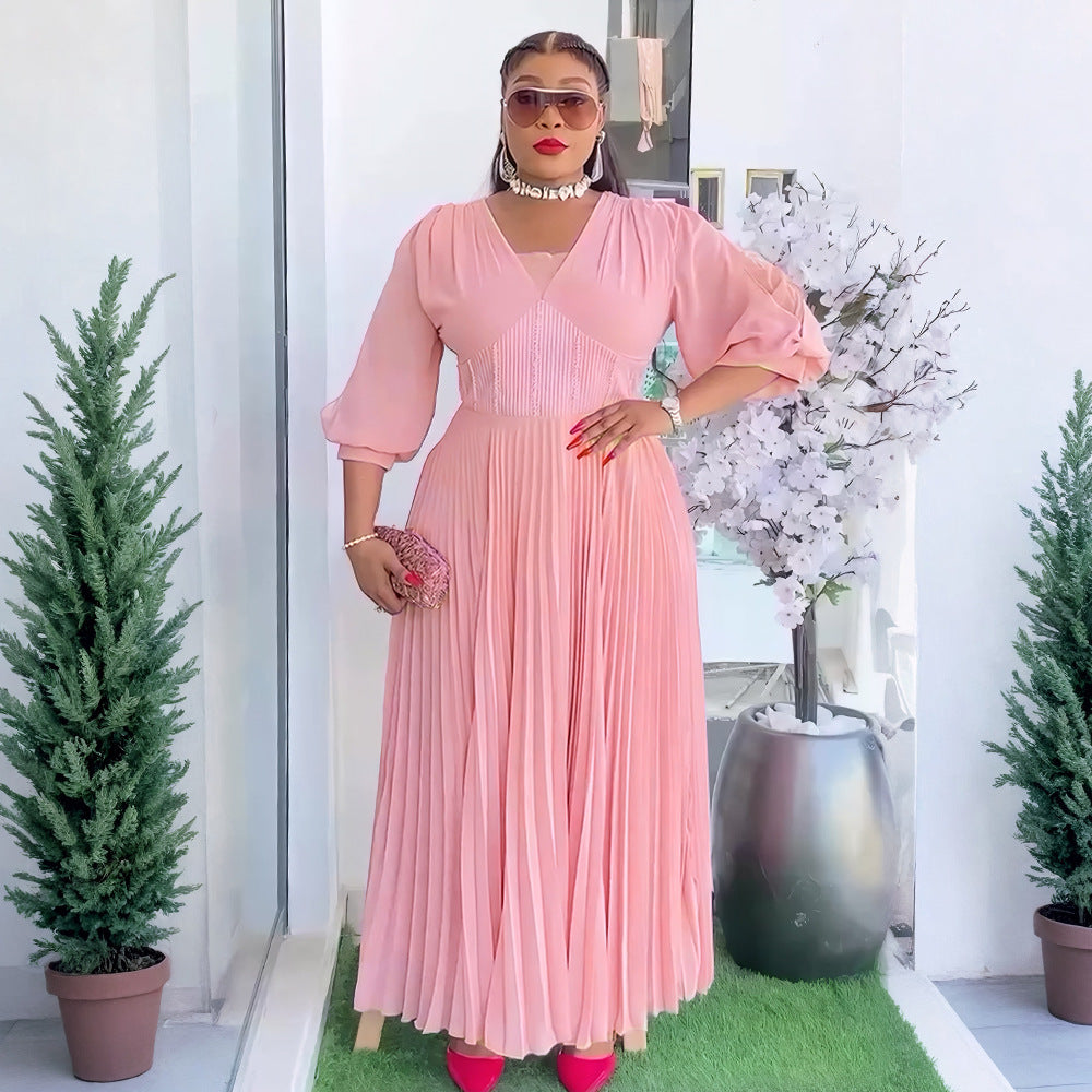 Aliexpress cross-border african new plus size women's elegant maxi dress, european and american foreign trade trendy v-neck pleated dress