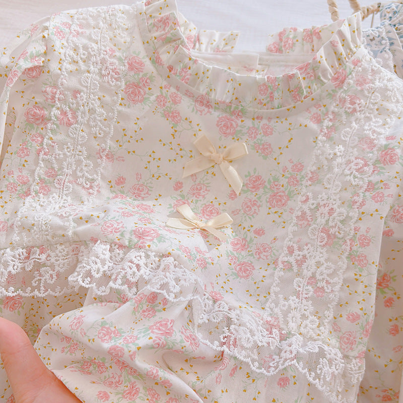 Girls' floral print babydoll top - new korean style, sweet french lace long sleeve cotton top, suitable for all seasons