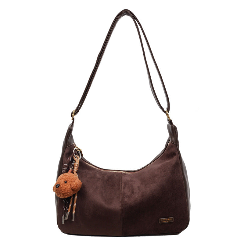 Korean style minimalist suede shoulder bag for women, new autumn 2025 collection, large capacity, fashionable niche design, commuter crossbody bag