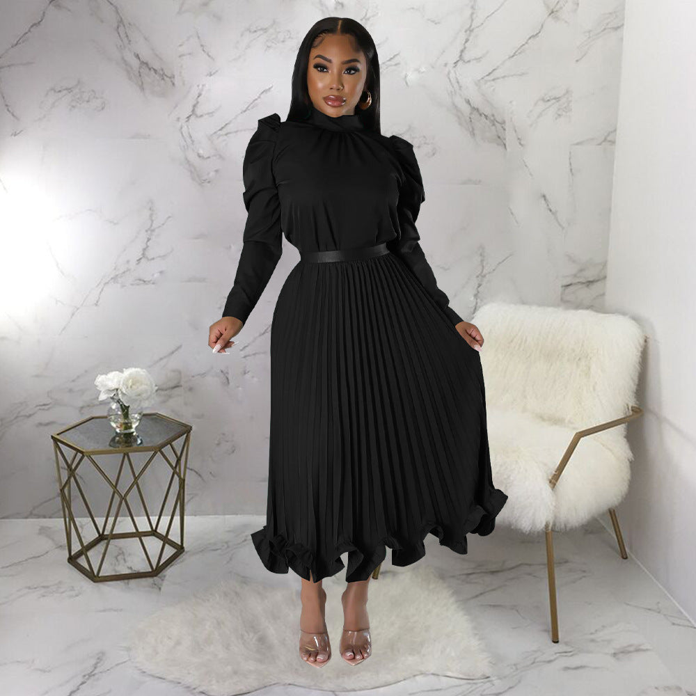 Q102 independent station cross-border women's winter puff sleeve topsruffles pleated skirt two-piece setfashionsuit