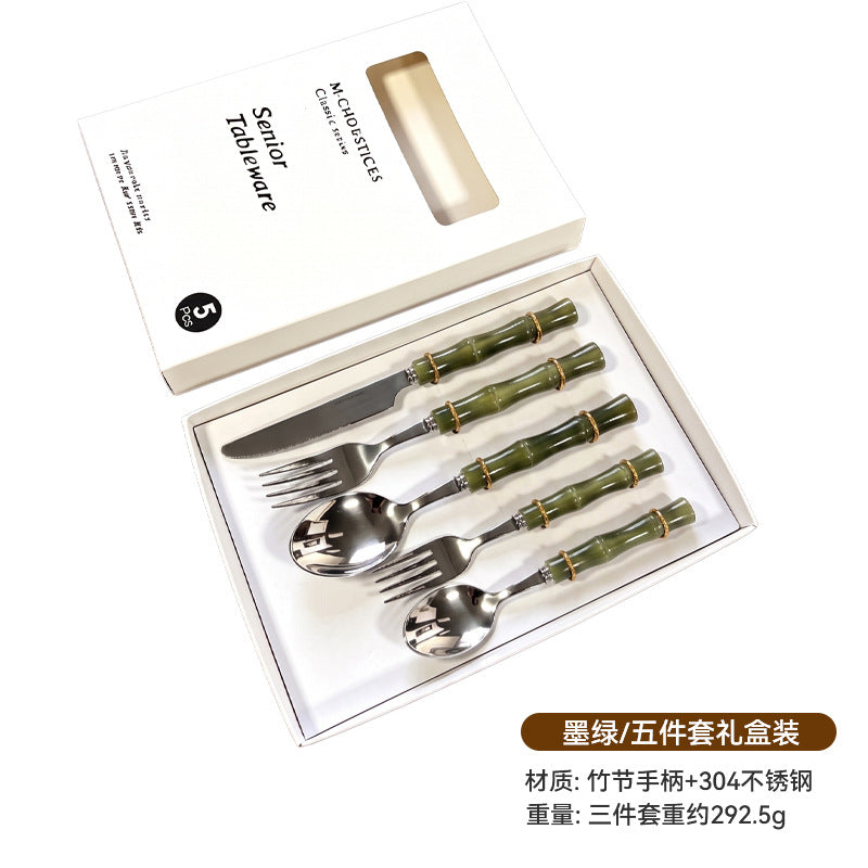 Bamboo handle stainless steel fork spoon tableware suit creative acrylic bamboo handle western food knife fork spoon dessert spoon