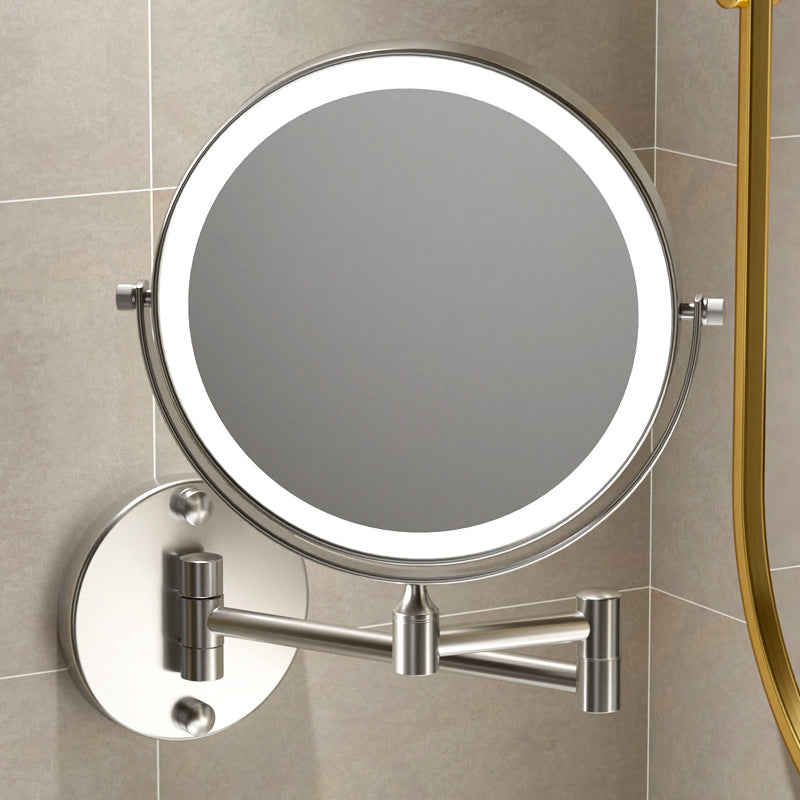 Punch-free wall-mounted folding makeup mirror for bathroom, magnifying, extendable, double-sided led lighted vanity mirror for hotel use