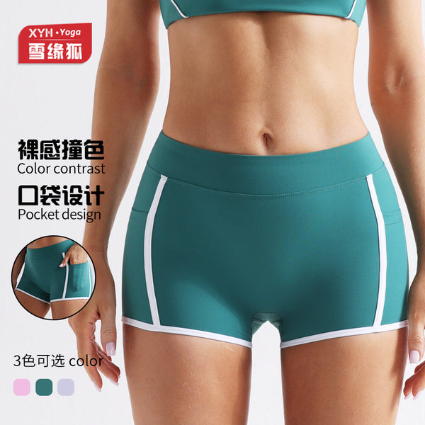 New nude color ribbon pocket sports hip yoga shorts women's running fitness slim three-point shorts