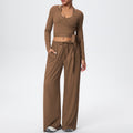New arrival: solid color double-sided brushed fleece drawstring long-sleeve tank top three-piece set - perfect for sports, running, fitness, and yoga