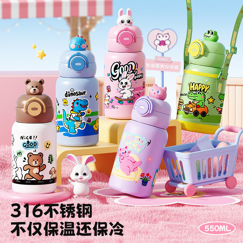 Cartoon character kids' thermos cup - 316 stainless steel, food-grade, student straw water bottle, portable dual-drink children's mug
