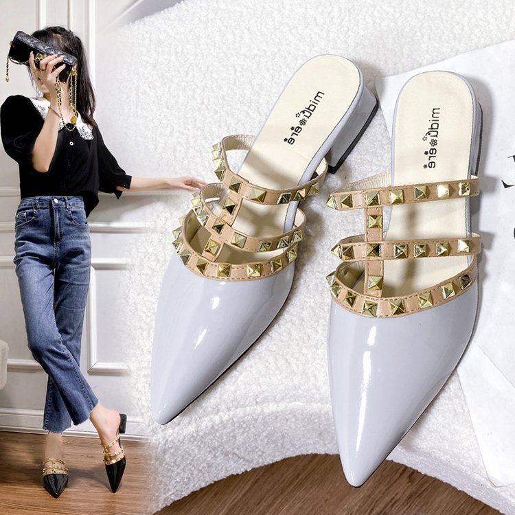 Studded sandals with a french flair – women's summer flat sandals, korean-style patent leather pointed-toe mules with rivet detailing