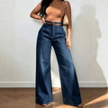 Fashionjeans women's dark blue topstitch large flap pocket pants wide-leg pants american high waistdrapedloosestraight-leg denim pants