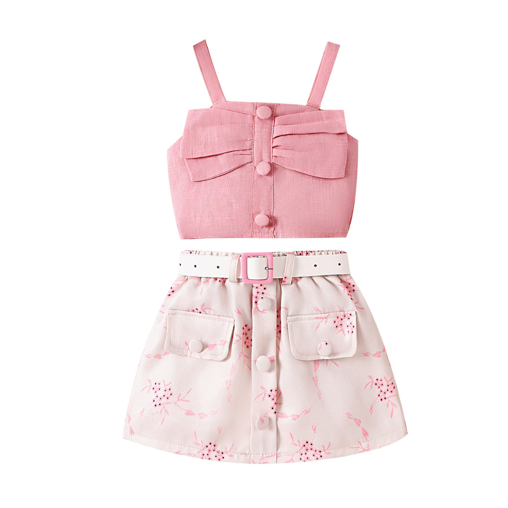 e-commerce summer sweet girl's outfit for us and european markets: camisole top + printed skirt + belt, new arrivals for toddlers and young children