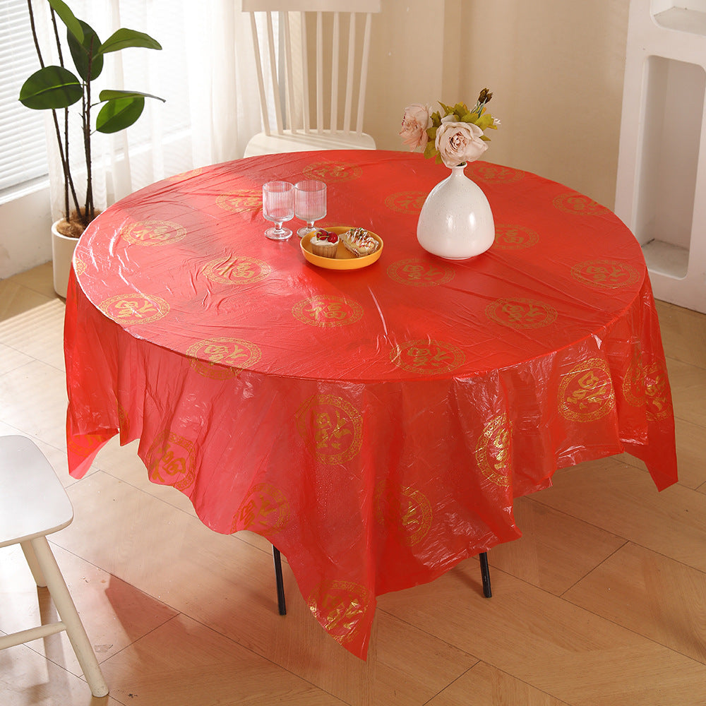 Disposable tablecloth for wedding, wedding banquet, red wedding banquet, thickened round table with happy characters, festive tablecloth, waterproof