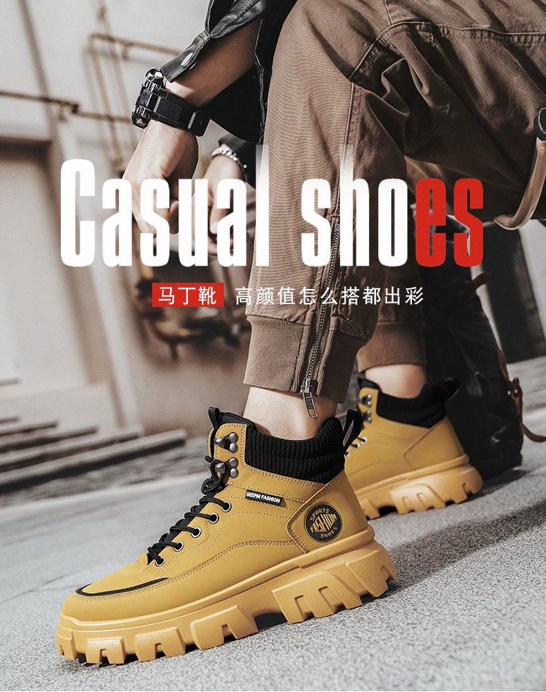 High-top men's shoes winter leather waterproofthick sole hidden heel british style rhubarb bootsmenhiking short boots