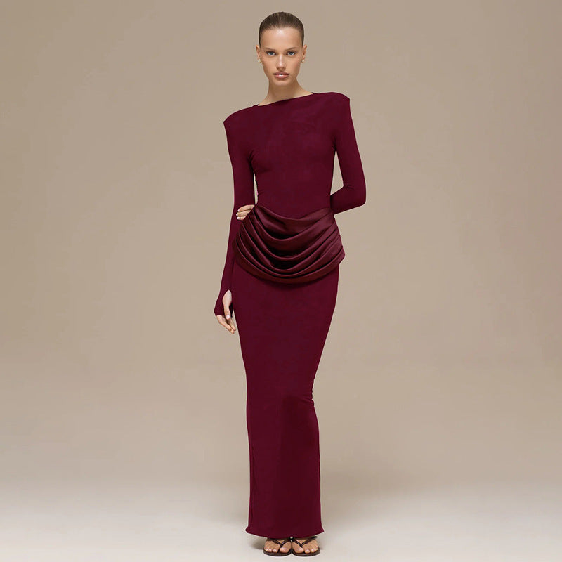 cross-border european and american women's clothing autumn/winter new collection: solid color, elegant, long-sleeved, shirred, slim-fit, bodycon, long dress for women