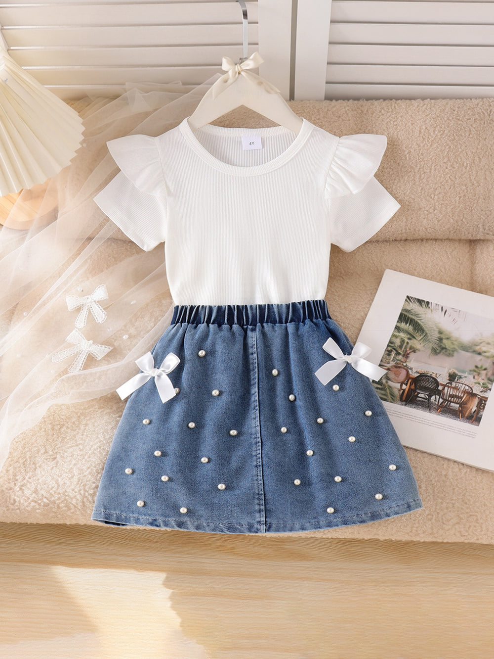 Kids clothing cross-border exclusive for european and american girls new arrival kids white short-sleeved t-shirt + blue skirt