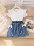 Kids clothing cross-border exclusive for european and american girls new arrival kids white short-sleeved t-shirt + blue skirt