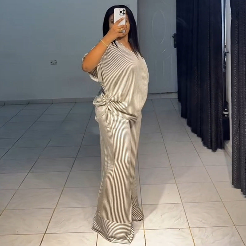 European and american cross-border women's clothing  summer new arrival: casual loose v-neck striped short-sleeve top and wide-leg pants set