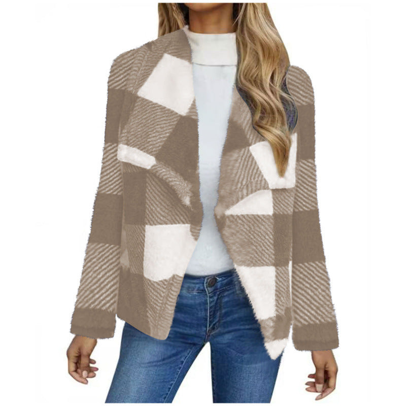 Cross-border women's clothing 2024 new  autumn and winter plaid lamb wool jacket plush cardigan jacket