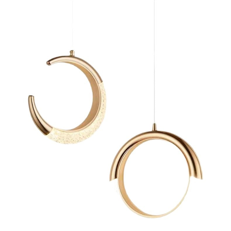 Luxury gold crystal crescent moon ring bedside pendant light - modern minimalist c-ring for bedroom, bar, entryway, and boutique hotel ambiance