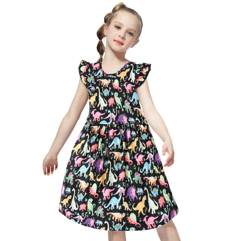 Summer's hottest new item: girls' dresses! cross-border bestseller featuring flutter sleeves and colorful dinosaur designs. wholesale available