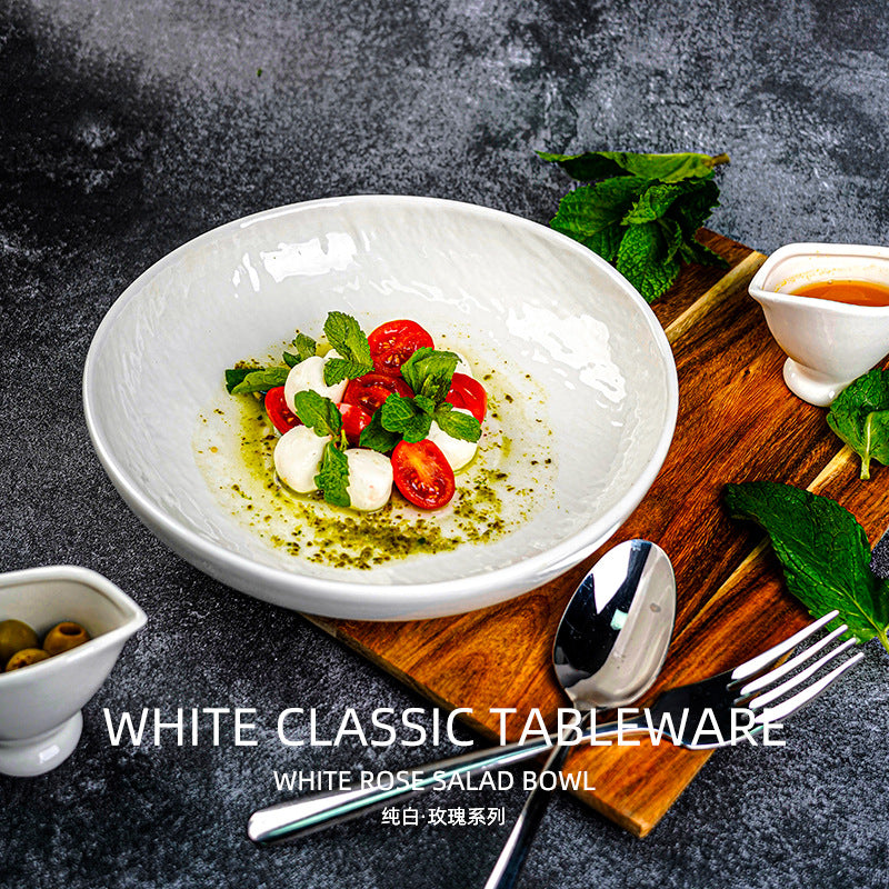 Scandinavian creative embossed ceramic noodle bowl for home restaurant stylish high-looking pure white fruit salad bowl soup bowl
