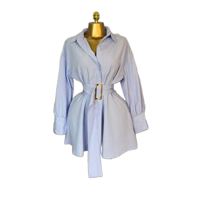 European and american cross-border women's fashion:  summer new collection - stylish, designer tie-strap blue striped long-sleeve shirt dress