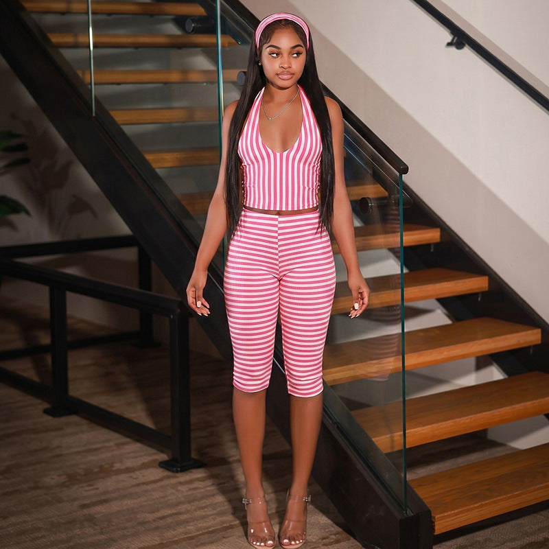 European and american style ins foreign trade personalized printed women's skinny pants set v-neck halter sleeveless hot girl two-piece outfit