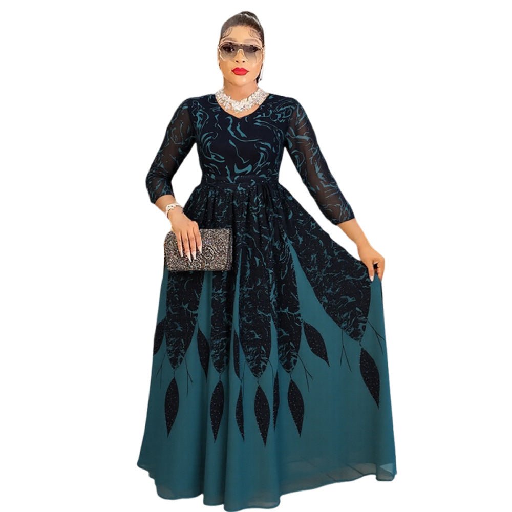 fashiondress african women's plus size  long sleeveseleganceprinting chiffon long skirt