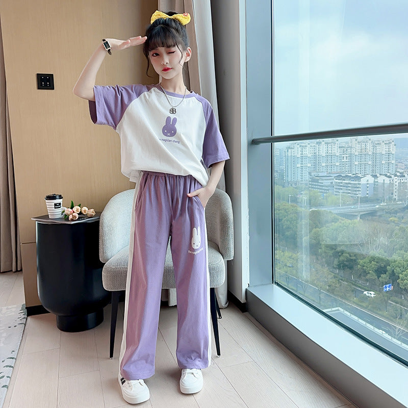 Girls' summer casual outfit set,  new fashionable and stylish children's clothing, middle and big kids' short-sleeve sports two-piece set