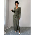 Women's autumn/winter solid color elegant v-neck ruched waist slit design long sleeve dress with metal buckle detail
