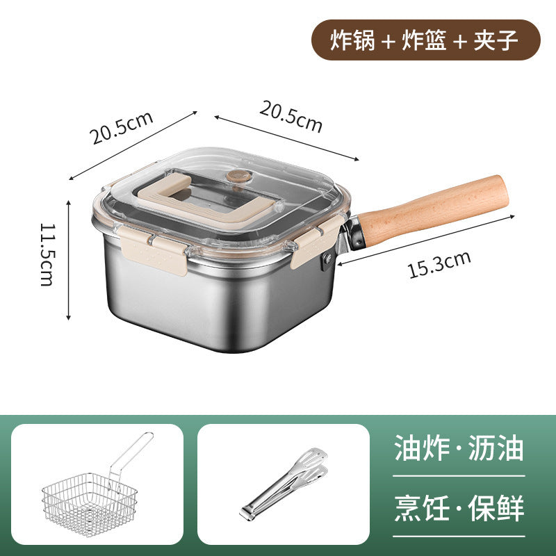 Custom-made stainless steel deep fryer with small fry basket, creative square food storage container, portable outdoor multifunctional pot