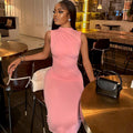 European and american style women's foreign trade dress  new solid color long sleeveless round neck elegant casual pullover dress
