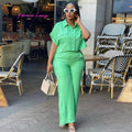 Ready-to-ship cross-border women's apparel for europe and the us:  summer new arrivals, solid color collared short-sleeve shirt and wide-leg pants casual set