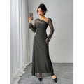 fashionautum mesh patchworklong sleeveselegance asymmetrical pleated silma-linedress women