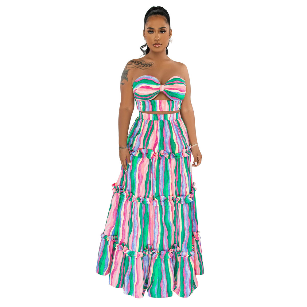 X6646 cross-border   fashion women's sleeveless bandeau striped print maxi dress two-piece set