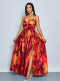 sexy tropical print cutout high slit backless vacation sundress with gold starfish embellishments