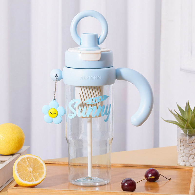 New arrival high-looking ice cup with lifting ring, large capacity double drink plastic water cup with handle and tea drain, tea straw cup