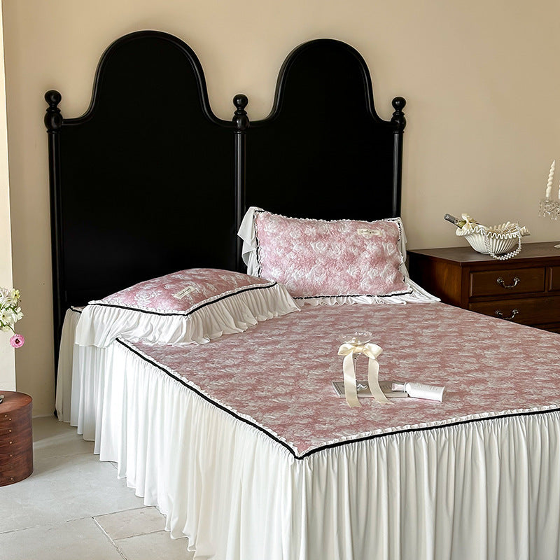 Summer French Class A Cool Silk Mat Three-piece Bed Skirt Princess Ice Silk Jacquard Air Conditioning Soft Mat Washable