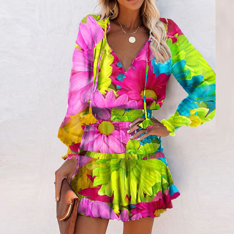 cross-border european and american women's clothing: new autumn color block mini dress with printed design and fashionable cinched waist