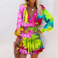 cross-border european and american women's clothing: new autumn color block mini dress with printed design and fashionable cinched waist