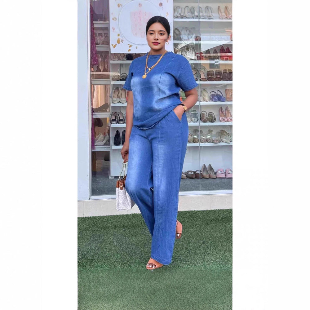 Fashionexport cross-border   new arrivalfashion washed blue loose short-sleeved denim women's suit trendy