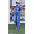 Fashionexport cross-border   new arrivalfashion washed blue loose short-sleeved denim women's suit trendy