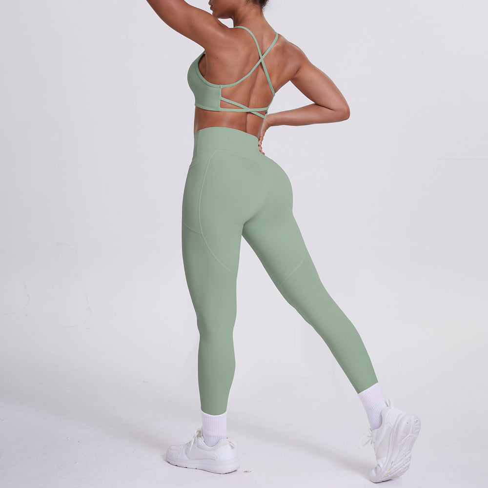 Cloud-feel compression yoga set: sexy open-back sports bra with high-waisted butt-lifting leggings and pockets - women's running & fitness apparel